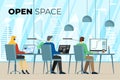 Coworking center open space office with freelance persons. Professional coworker workplace. Programmer, designer and