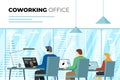 Coworking center open space office with freelance persons. Professional coworker workplace. Programmer, designer and