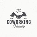 Coworking Friendship Abstract Vector Symbol, Icon, Emblem or Logo Template. Woodworkers Workshop Retro Logotype