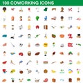 100 coworking icons set, cartoon style