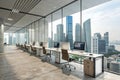 Coworking interior with computers and panoramic window view Royalty Free Stock Photo