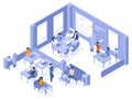 Coworking isometric office. Freelancer coworkers in open office space, 3d business coworking space vector illustration