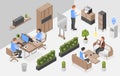 Coworking isometric open office. Managers and clients, business people working and communication. Corporate culture Royalty Free Stock Photo