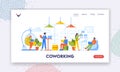 Coworking Landing Page Template. Coworkers Work Together in Coworking Area. Group of Freelancer Characters with Gadgets