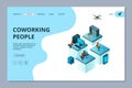 Coworking landing. Web page design template business people team building managers meeting and brainstorming vector