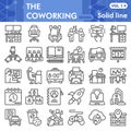 Coworking line icon set, business freelance symbols collection or sketches. Office work linear style signs for web and