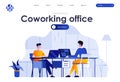 Coworking office flat landing page design. Young people working with computers in coworking openspace area scene with header.