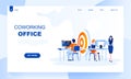 Coworking office flat landing page template with header. Company staff workspace web banner, homepage design. Partnership,