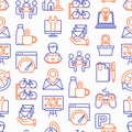 Coworking office seamless pattern with thin line icons: workplace, meeting room, conference hall, smart office, parking, reception