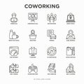 Coworking office thin line icons set: workplace, meeting room, conference hall, smart office, parking, reception, 24 hour access,