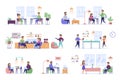 Coworking space bundle of flat scenes. Open office workplace isolated set. Freelancer, developer, desk, computer, window, ping