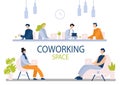 Coworking space flat vector illustration. Office, workplace, teamwork and cooperation. Colleagues, coworkers, office