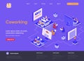 Coworking space isometric landing page. Freelancers working with laptops, business team together in coworking area isometry web Royalty Free Stock Photo