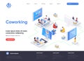 Coworking space isometric landing page. Freelancers working with laptops, business team together in coworking area isometry web Royalty Free Stock Photo