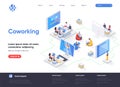 Coworking space isometric landing page. Freelancers working with laptops, business team together in coworking area Royalty Free Stock Photo