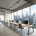 Coworking space with PCs and panoramic window view Royalty Free Stock Photo