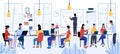 Coworking. Teamwork in modern open space office in city. Cartoon men and women working together, people communication Royalty Free Stock Photo