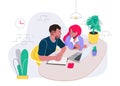 Coworking work place in office with creative man and woman talking about the details of the project.Vector flat illustration. Royalty Free Stock Photo