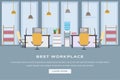 Coworking workspace landing page flat template. Modern empty office interior, corporate workplace with furniture web Royalty Free Stock Photo