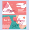 Cows, barn and grain elevator. Set of agricultural banners.