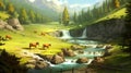 cows on a calm peaceful place on earth, painting style, ai generated image