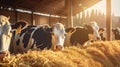 Cows at cowshed eating hay or fodder on dairy farm. Generative Ai Royalty Free Stock Photo