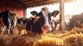 Cows at cowshed eating hay or fodder on dairy farm. Generative Ai Royalty Free Stock Photo