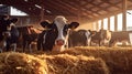 Cows at cowshed eating hay or fodder on dairy farm. Generative Ai Royalty Free Stock Photo