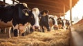 Cows at cowshed eating hay or fodder on dairy farm. Generative Ai Royalty Free Stock Photo