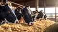 Cows at cowshed eating hay or fodder on dairy farm. Generative Ai Royalty Free Stock Photo