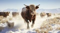 Cows and desert. Moving the herd to the winter feed lots. Frosty crystallized flakes of snow blowing around in the air. Generative