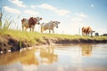 cows drinking from a pond under the midday sun