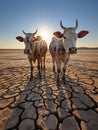 Cows in a dry field under hot sun, suffering from lack of water, earth completely cracked by drought and climate change Royalty Free Stock Photo