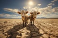 Cows in a dry field under hot sun, suffering from lack of water, earth completely cracked by drought and climate change Royalty Free Stock Photo