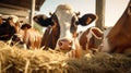 Cows eating hay in a farm barn Royalty Free Stock Photo