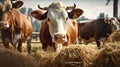 Cows eating hay in a farm barn Royalty Free Stock Photo