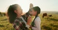 Cows, farm and mother bonding with child, fixing hair clip and standing on field. Farming, farm animals and mom with