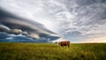 Cows in a field with a stormy sky in the background Royalty Free Stock Photo