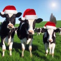 cows in the field wearing christmas hats