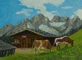 Cows in front of an alpine hut with mountains in the background Royalty Free Stock Photo