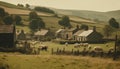 Cows graze on green meadow near farmhouse generated by AI Royalty Free Stock Photo