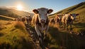 Cows graze on green meadow, a tranquil rural scene generated by AI