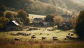 Cows graze on green meadow under rustic hut at sunset generated by AI Royalty Free Stock Photo