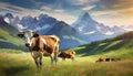 Cows graze on the meadow against the background. AI Generated