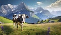 Cows graze on the meadow against the background. AI Generated