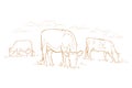 Cows graze in the meadow. Hand drawn sketch. Animal farm. Dairy product. Rural landscape panorama. Milk produce.