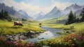 Cows graze in the mountains. AI generated image