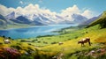 Cows graze in the mountains. AI generated image