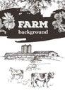 Cows graze near the farm. Barn and grain elevator. Sample cover for agricultural brochure.