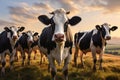 Cows grazing in a field in the countryside at sunset in summer, Group of cows standing in a grassy field, AI Generated Royalty Free Stock Photo